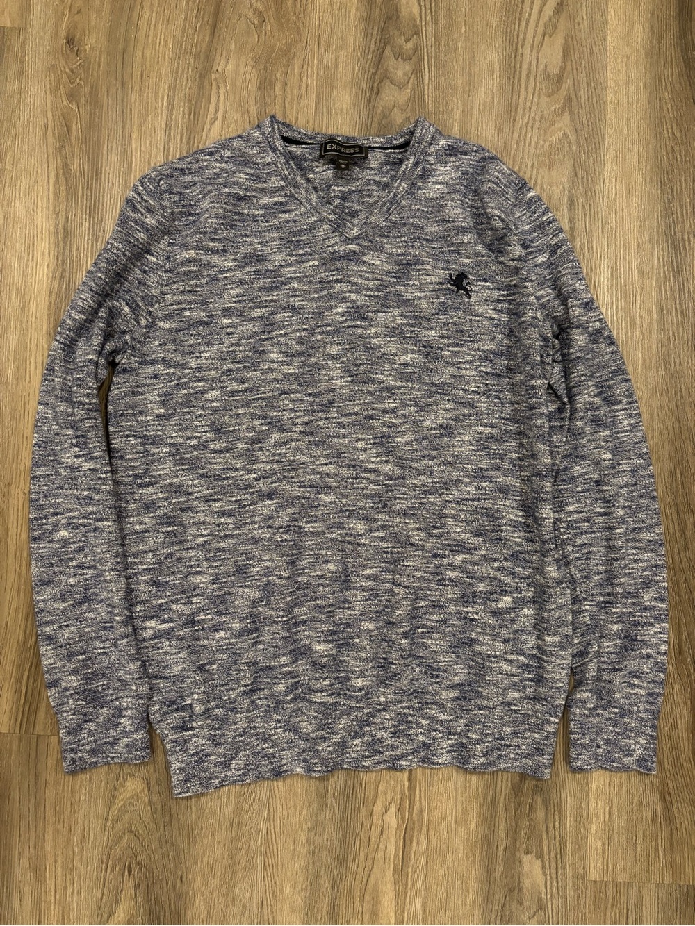 Express Men’s Blue Marled V-Neck Sweater with Embroidered Logo